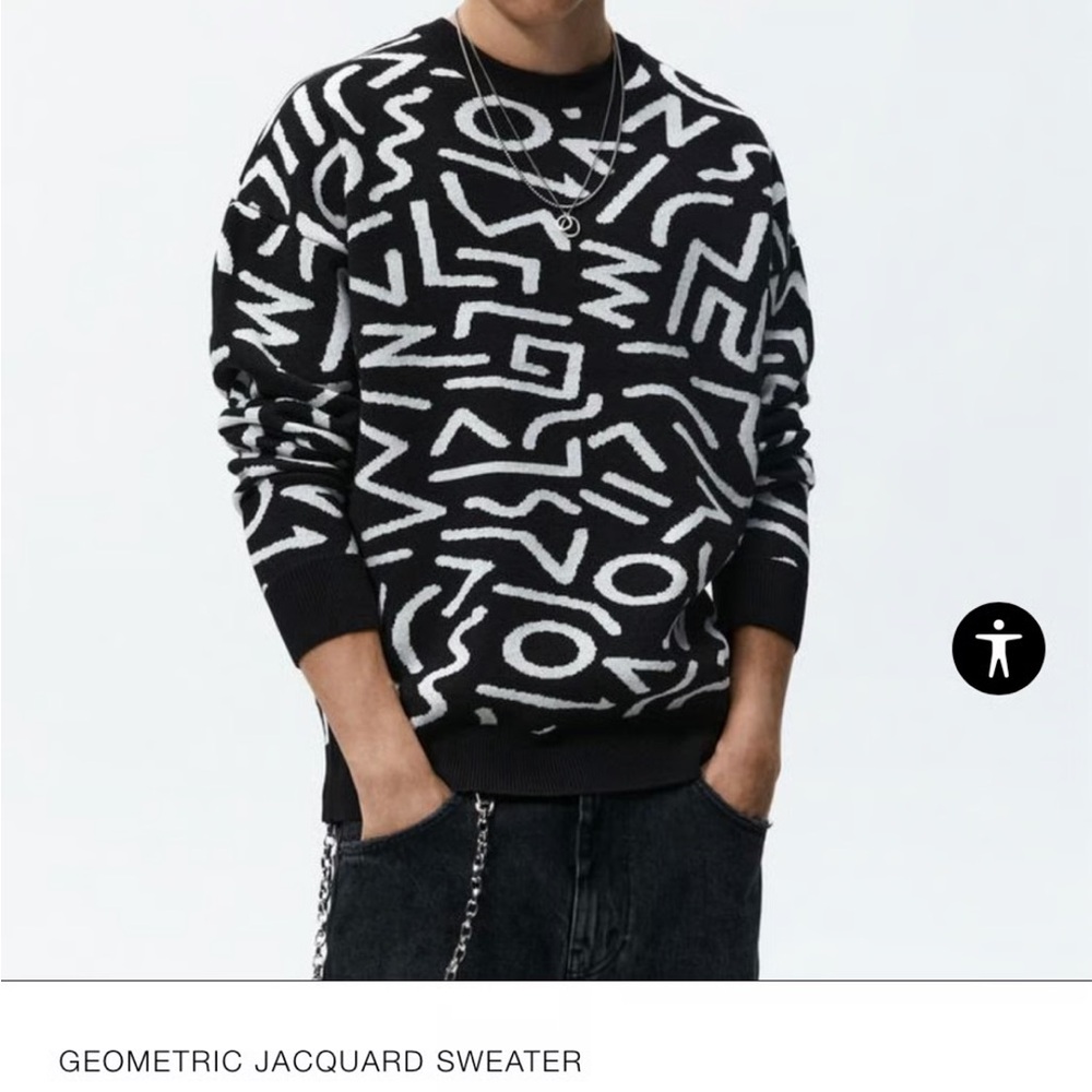 Zara Black and White Geometric Crewneck Sweater